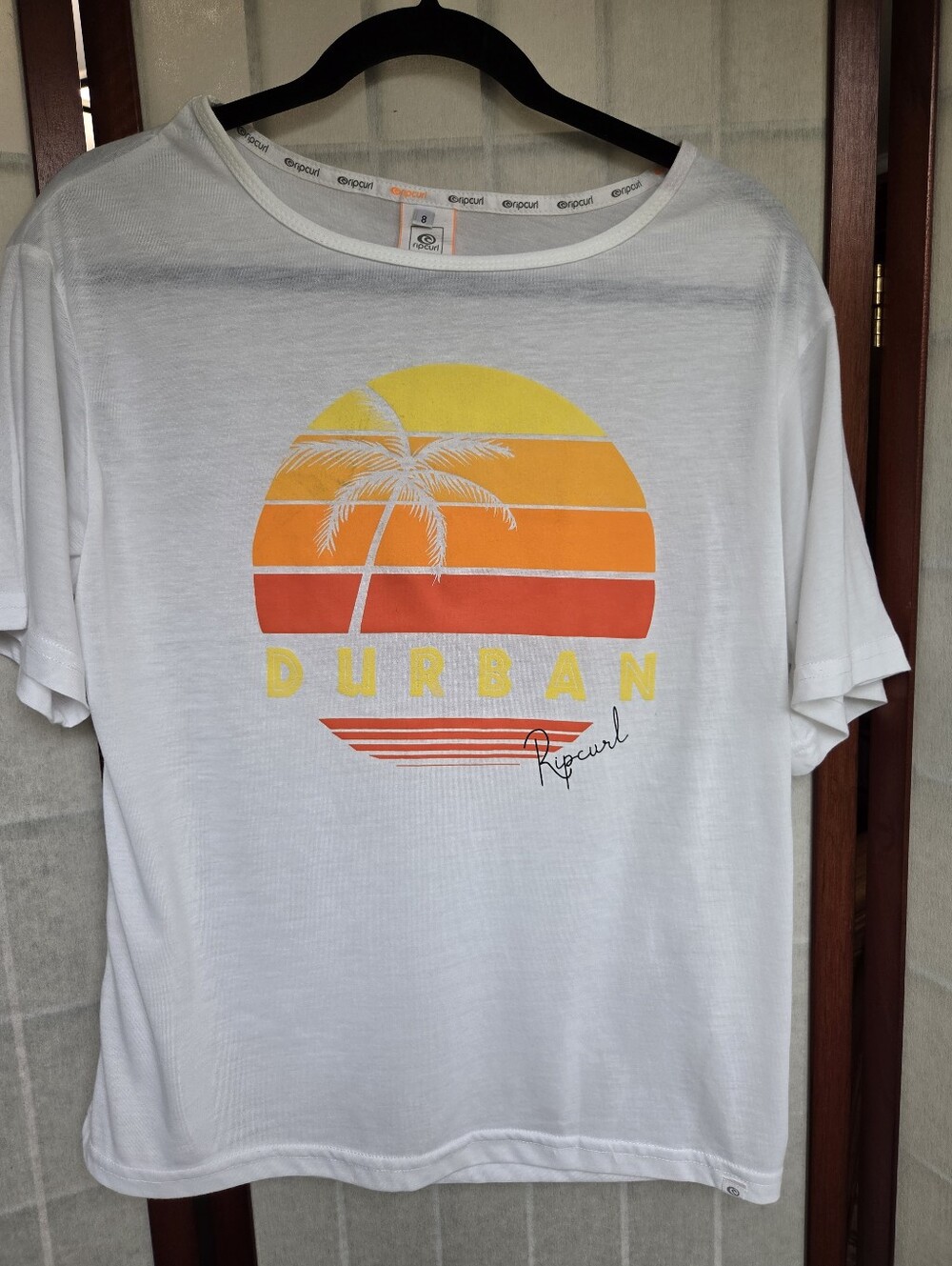 Rip Curl Graphic Tee White Sunset Palm Tree Durban Surf Beachy Retro Size 8